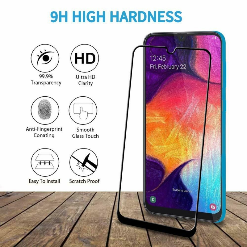 Miếng Kính Cường Lực Full Samsung Galaxy A50 Hiệu Glass Giá Rẻ ôm sát vào màn hình máy bao gồm cả phần viền màn hình, bám sát tỉ mỉ từng chi tiết nhỏ
